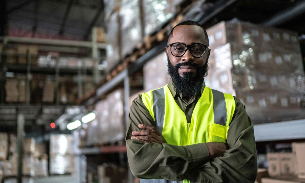 Man aan het werk. Man aan het werk in magazijn met veiligheidshesje via Start People.